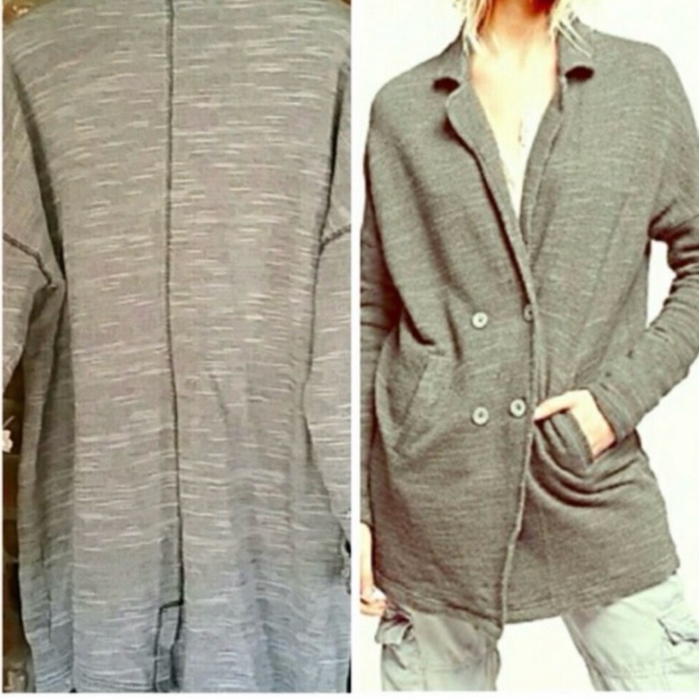 Free People Gray/ Dark Green Double-Breasted Sweater-coat